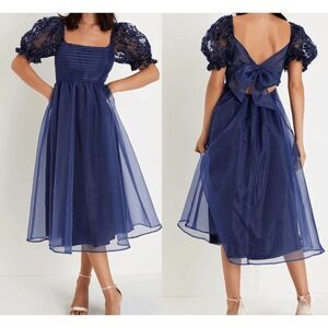 Lulu's Navy Organza Pleated Puff Sleeve open-back cutout Midi Dress S